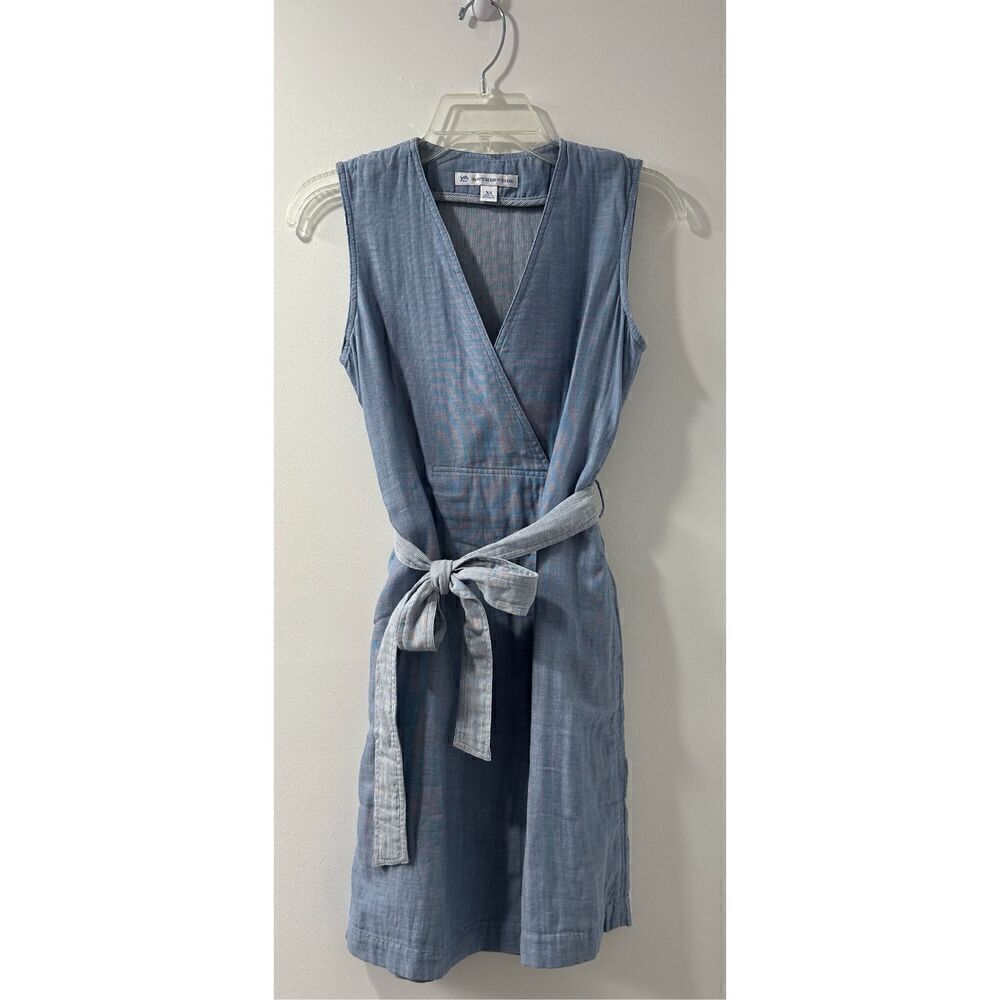 Southern Tide women’s chambray belted sleeveless dress pockets size XS #15-1283